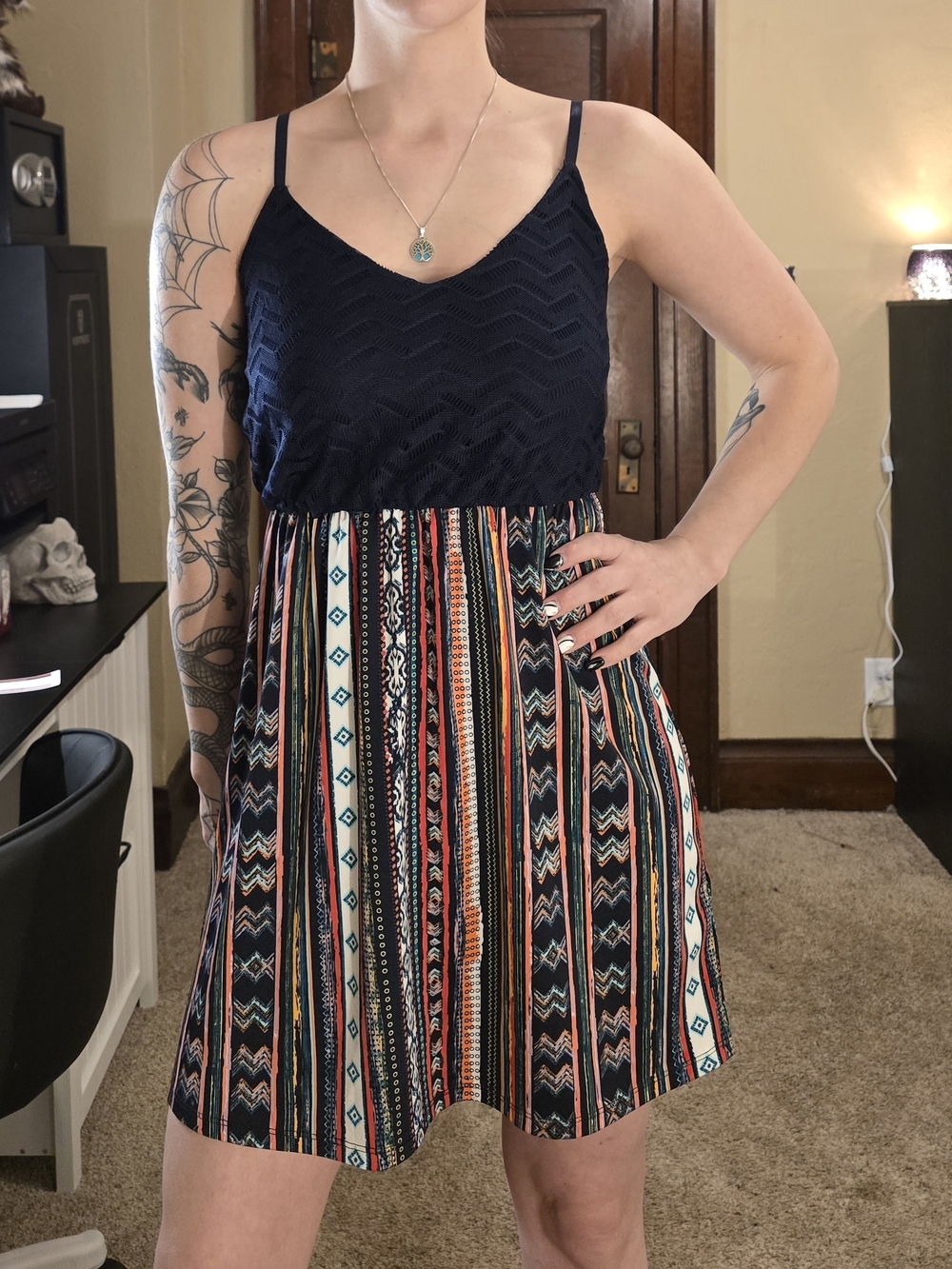Maurices Navy Bodice Multicolor Aztec-Striped Mini Dress
